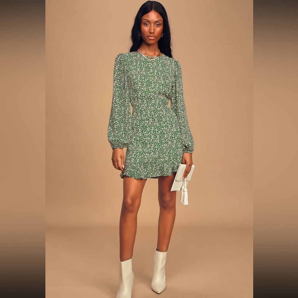 Lulus Green Floral Print Mini Dress